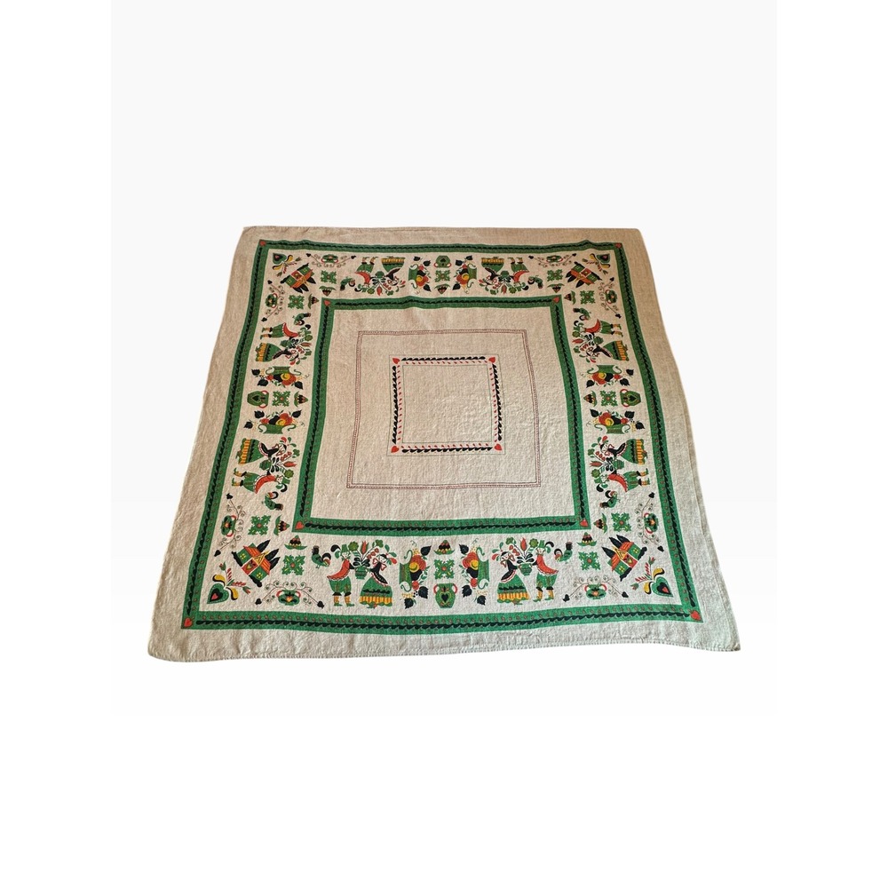Vintage Scandinavian Folk Art Linen Blend Tablecloth 48x48 Beige Green Red